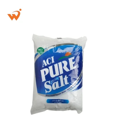 ACI Pure Vacuum Evaporated Iodized Salt 1KG blue and white packet with a clear window showing fine white salt.