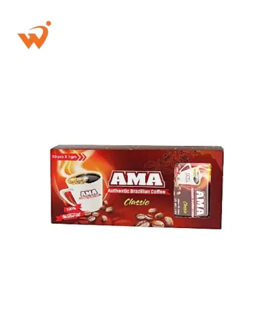 AMA Classic Coffee 10x1gm sachet strip with bold red and black packaging and a steaming cup of coffee illustration.
