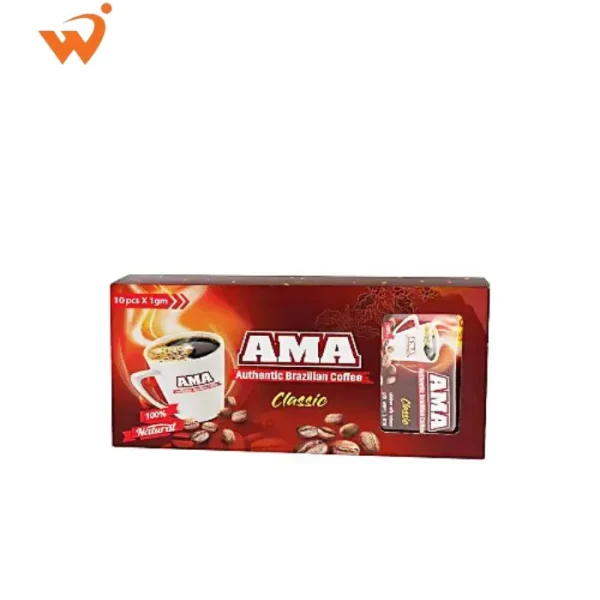 AMA Classic Coffee 10x1gm sachet strip with bold red and black packaging and a steaming cup of coffee illustration.