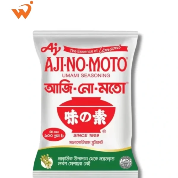 Aji-no-moto Tasting Salt 100gm small red and white sachet showing the crystalline monosodium glutamate (MSG) texture.