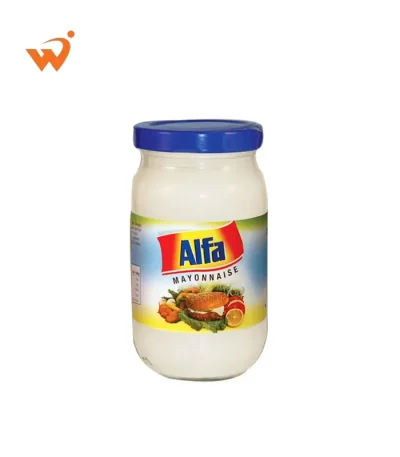 Alfa Mayonnaise 236.5ml glass jar featuring a creamy white texture and the classic blue and yellow Alfa label.