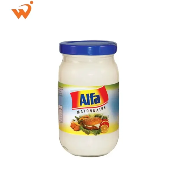 Alfa Mayonnaise 236.5ml glass jar featuring a creamy white texture and the classic blue and yellow Alfa label.