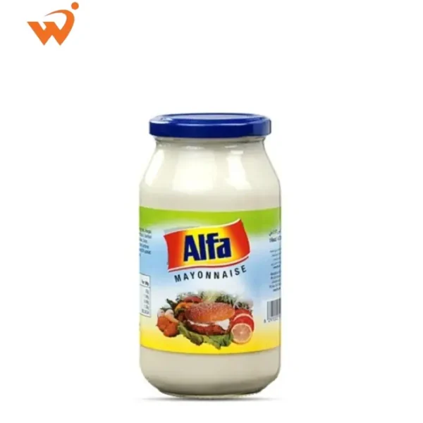 Alfa Mayonnaise 473ml glass jar featuring a creamy white texture and the classic blue and yellow Alfa label.