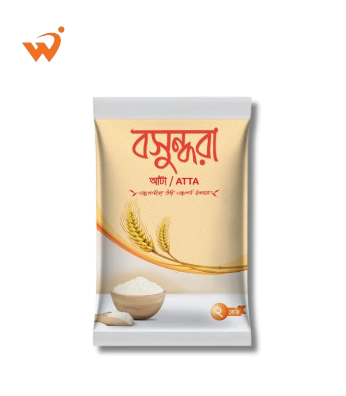 Bashundhara Fortified Atta 2KG brown paper bag with premium wheat grain illustrations and nutritional labels.