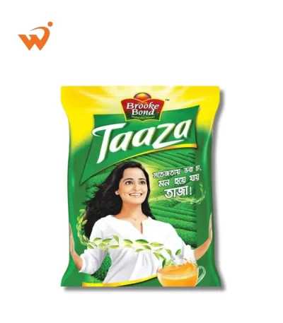 Brooke Bond Taaza Danedar Tea 400gm bright green poly-pack featuring fresh tea leaves and a rich, dark cup of tea.