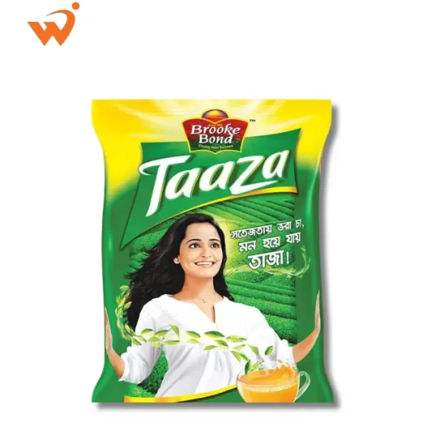 Brooke Bond Taaza Danedar Tea 400gm bright green poly-pack featuring fresh tea leaves and a rich, dark cup of tea.