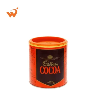 Cadbury Cocoa Powder 125gm iconic purple tub with a dusting of rich brown cocoa and a chocolate cake illustration.
