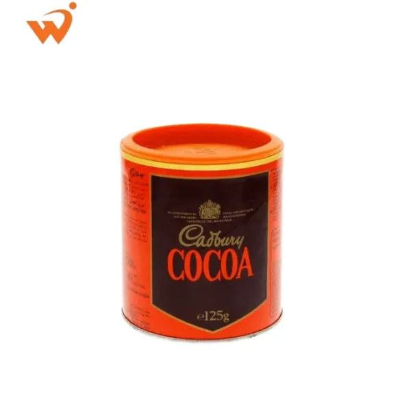 Cadbury Cocoa Powder 125gm iconic purple tub with a dusting of rich brown cocoa and a chocolate cake illustration.