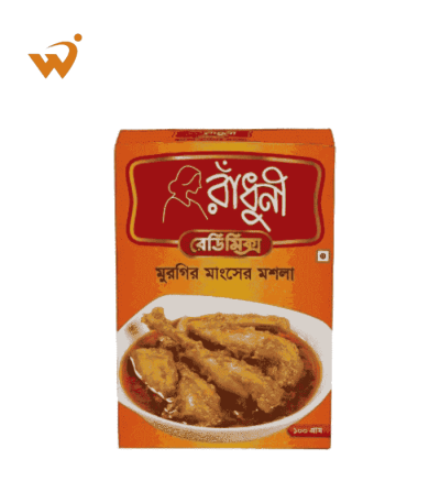 A 100gm packet of Radhuni Chicken Masala spice blend.