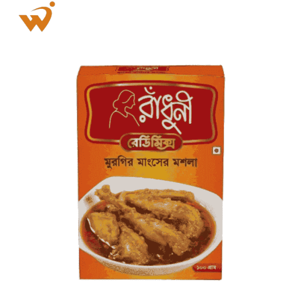 A 100gm packet of Radhuni Chicken Masala spice blend.