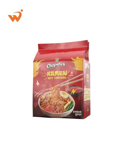 Chopstick Ramen Hot Chicken 640gm large pack featuring a black and fiery red design with a bowl of thick, sauce-coated noodles, garnished with chicken and herbs.