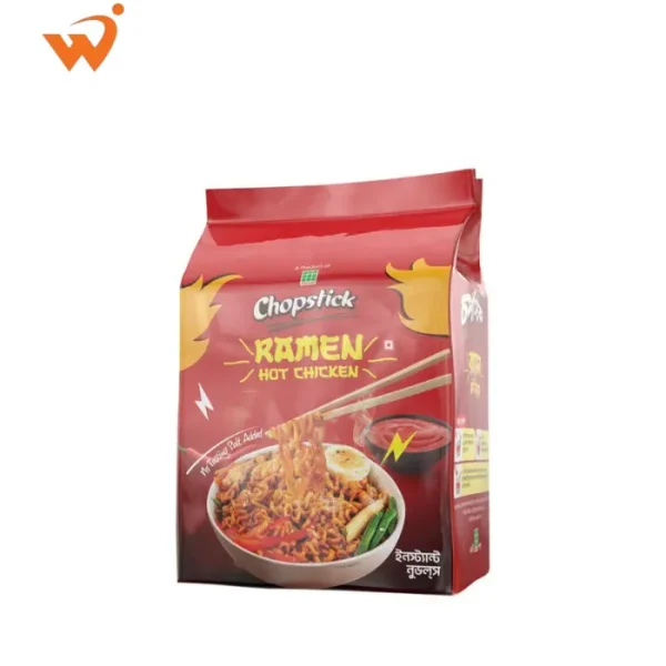 Chopstick Ramen Hot Chicken 640gm large pack featuring a black and fiery red design with a bowl of thick, sauce-coated noodles, garnished with chicken and herbs.