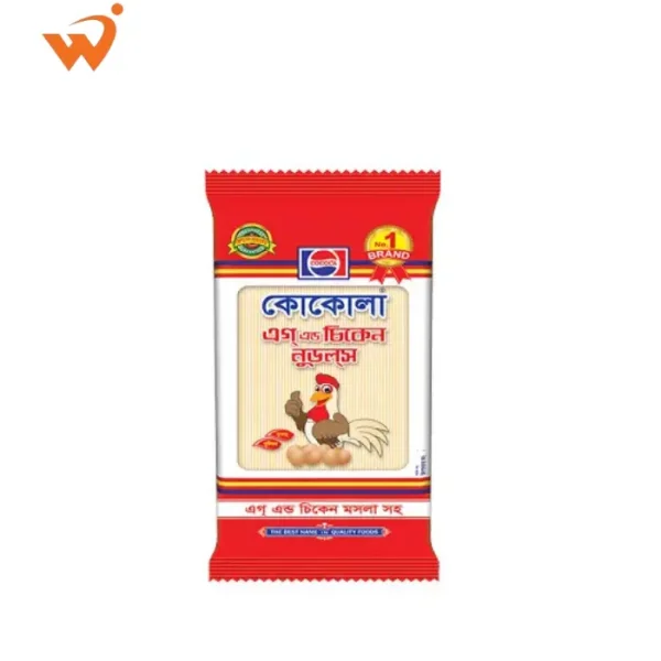 Cocola Egg & Chicken Noodles 150gm packet with a vibrant design featuring a bowl of noodles topped with chicken pieces and a hard-boiled egg.