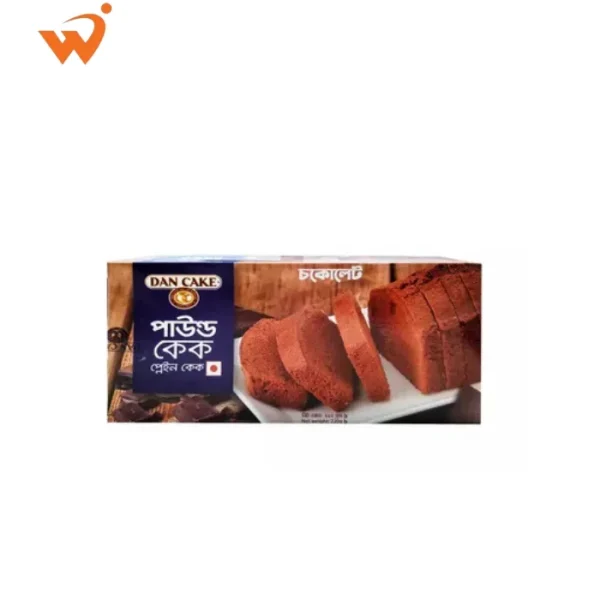 Dan Chocolate Pound Cake 220gm elegant box packaging featuring a thick, moist slice of dark chocolate cake.