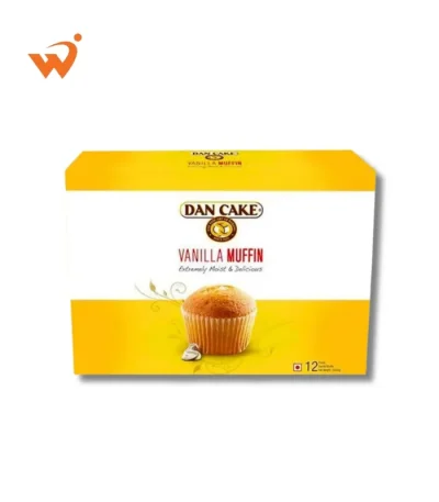 Dan Vanilla Muffin 12-piece value pack showing individually wrapped, soft golden muffins with a classic domed top.