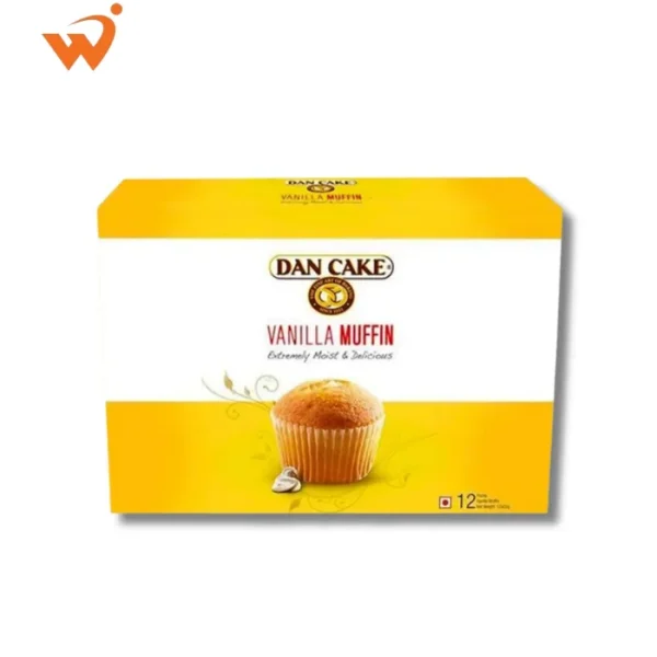 Dan Vanilla Muffin 12-piece value pack showing individually wrapped, soft golden muffins with a classic domed top.