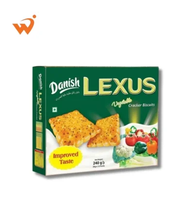 Danish Lexus Vegetable Biscuits 225gm (approx.) pack featuring thin, rectangular crackers with visible vegetable flakes and a stack of fresh garden vegetables.