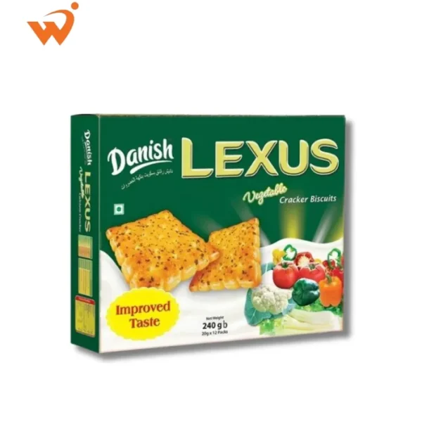 Danish Lexus Vegetable Biscuits 225gm (approx.) pack featuring thin, rectangular crackers with visible vegetable flakes and a stack of fresh garden vegetables.