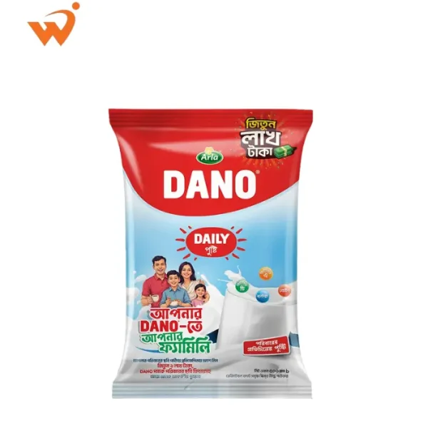 Dano Daily Pusti Milk Powder 500gm blue and red pouch showing a glass of milk and a family-focused design.