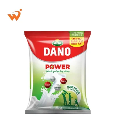 Dano Power Full Cream Milk Powder 1KG blue and yellow foil pack featuring the iconic Arla logo and a creamy glass of milk.