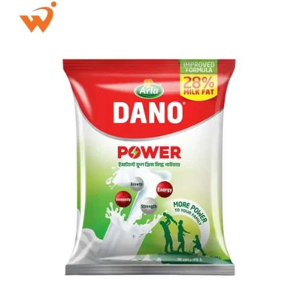 Dano Power Full Cream Milk Powder 1KG blue and yellow foil pack featuring the iconic Arla logo and a creamy glass of milk.