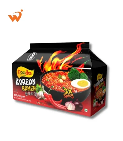 Doodles Korean Ramen Spicy 496gm pack featuring a bold black and red design with a steaming bowl of thick ramen noodles, mushrooms, and red chilies.