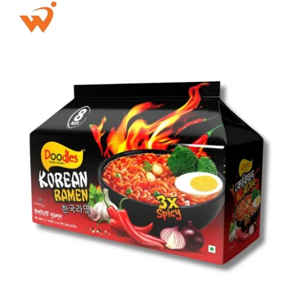 Doodles Korean Ramen Spicy 496gm pack featuring a bold black and red design with a steaming bowl of thick ramen noodles, mushrooms, and red chilies.