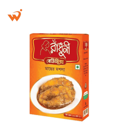 A 100gm packet of Radhuni Fish Curry Masala spice mix.