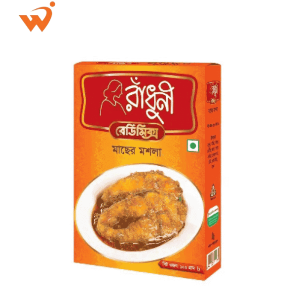 A 100gm packet of Radhuni Fish Curry Masala spice mix.