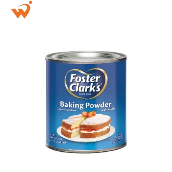 Foster Clark's Baking Powder 225gm iconic yellow tin featuring a perfectly risen, golden sponge cake illustration.