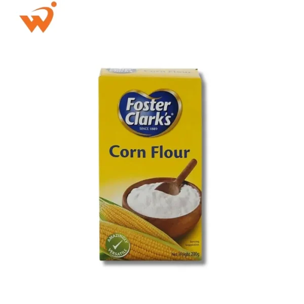 Foster Clark's Corn Flour 200gm yellow and red packet featuring a bowl of thick, creamy soup and a golden fried snack.