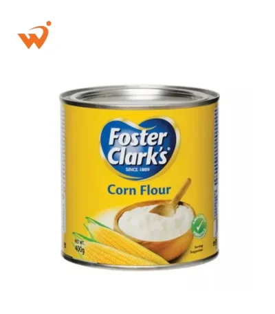 Foster Clark's Corn Flour 400gm premium yellow tin featuring a bowl of thick creamy soup and a golden-brown crispy snack illustration.