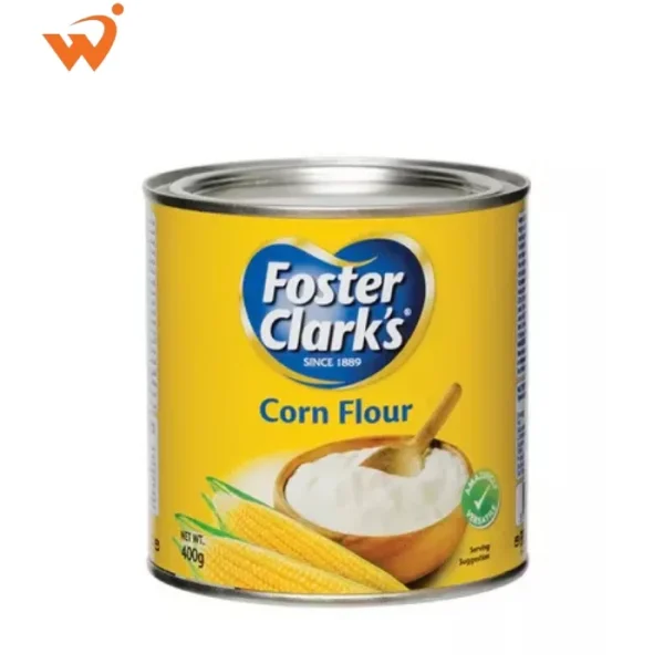 Foster Clark's Corn Flour 400gm premium yellow tin featuring a bowl of thick creamy soup and a golden-brown crispy snack illustration.