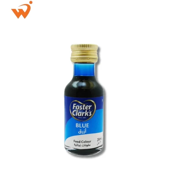 Foster Clark's Blue Culinary Food Color 28ml small glass bottle with the classic yellow and red label, showing a drop of deep blue liquid.