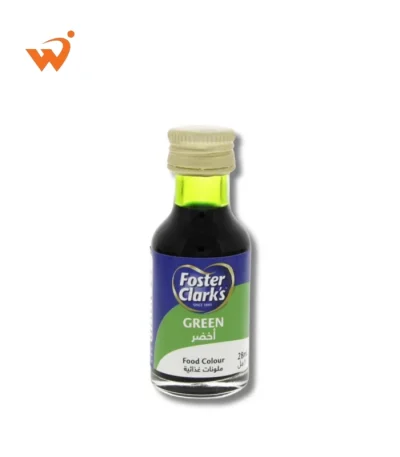 Foster Clark's Green Culinary Food Color 28ml small glass bottle with the classic yellow and red label, showing a drop of vibrant green liquid.