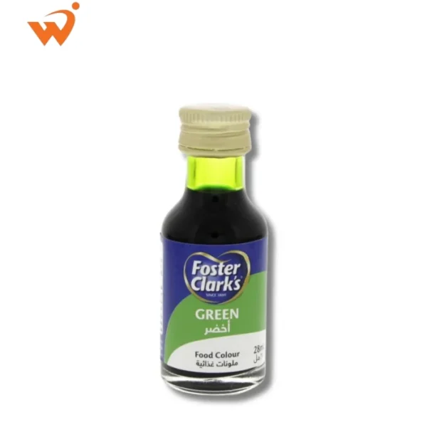 Foster Clark's Green Culinary Food Color 28ml small glass bottle with the classic yellow and red label, showing a drop of vibrant green liquid.