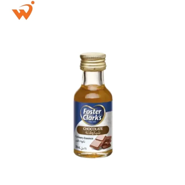 Foster Clark's Culinary Chocolate Essence 28ml small glass bottle with a brown and yellow label featuring a smooth chocolate bar and cocoa pod illustration.