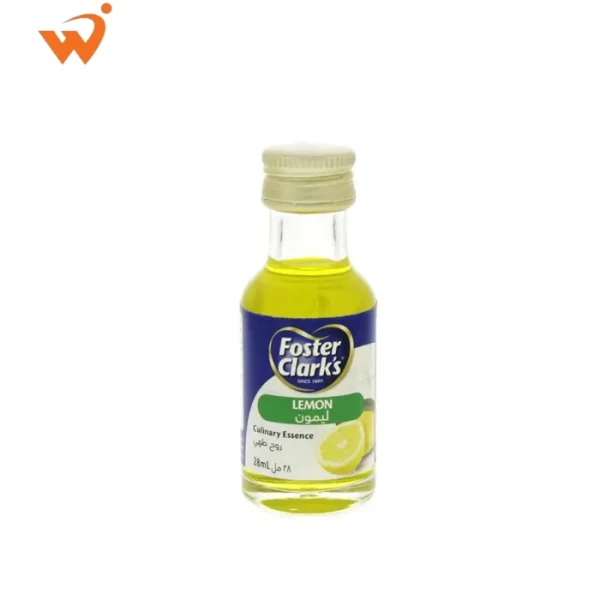 Foster Clark's Culinary Lemon Essence 28ml small glass bottle with a yellow label featuring a fresh sliced lemon illustration.