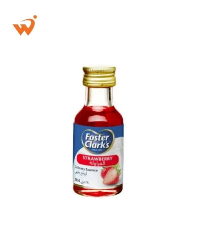 Foster Clark's Culinary Strawberry Essence 28ml small glass bottle with a vibrant red label featuring fresh strawberries and blossoms.