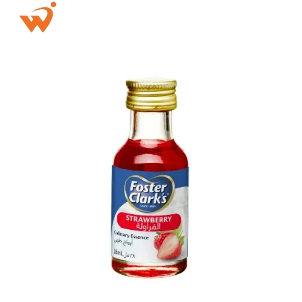Foster Clark's Culinary Strawberry Essence 28ml small glass bottle with a vibrant red label featuring fresh strawberries and blossoms.
