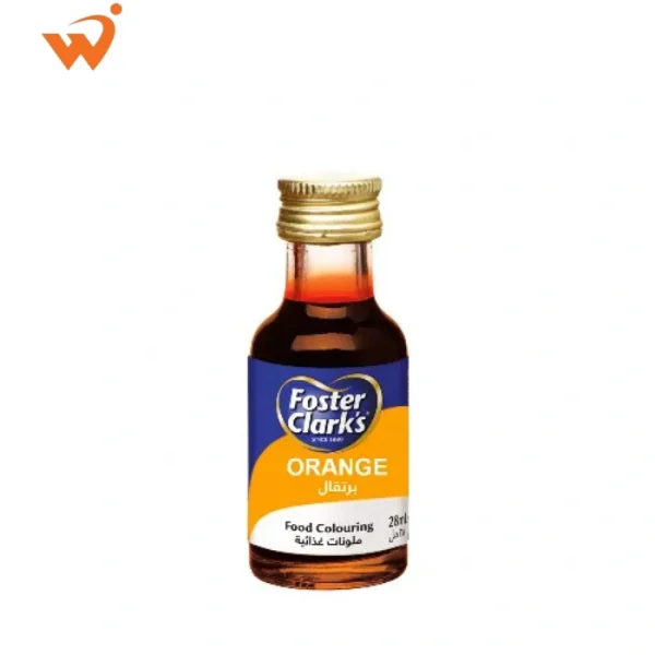 Foster Clark's Orange Culinary Food Color 28ml small glass bottle with the classic yellow and red label, showing a drop of bright orange liquid.