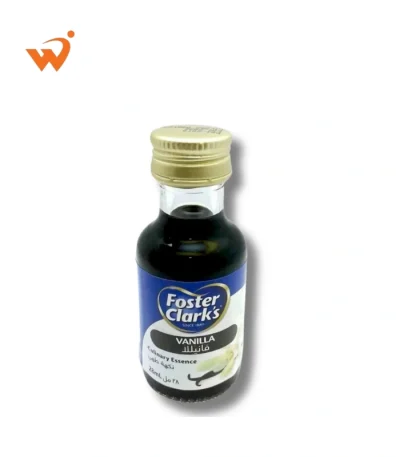Foster Clark's Culinary Vanilla Essence 28ml small glass bottle with the iconic yellow label featuring a delicate vanilla flower and bean illustration.