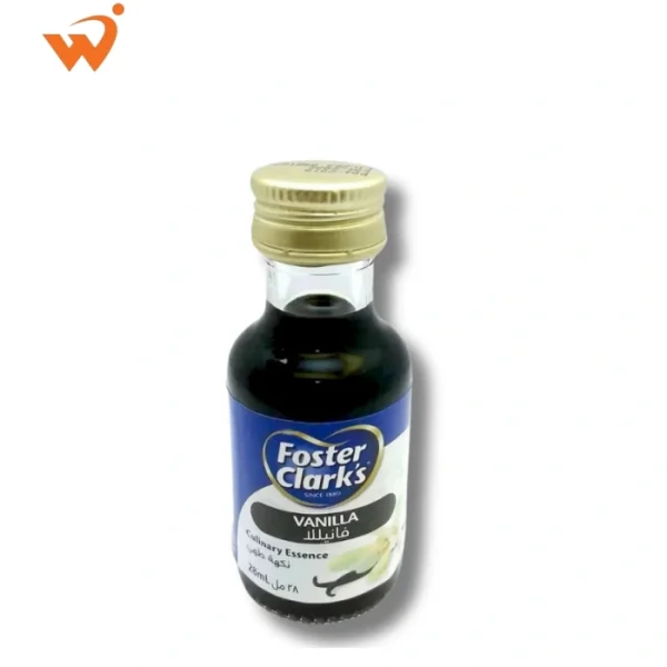 Foster Clark's Culinary Vanilla Essence 28ml small glass bottle with the iconic yellow label featuring a delicate vanilla flower and bean illustration.