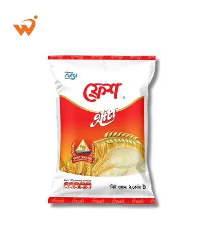 Fresh Fortified Atta 2KG orange and white paper packaging showing natural wheat grains.