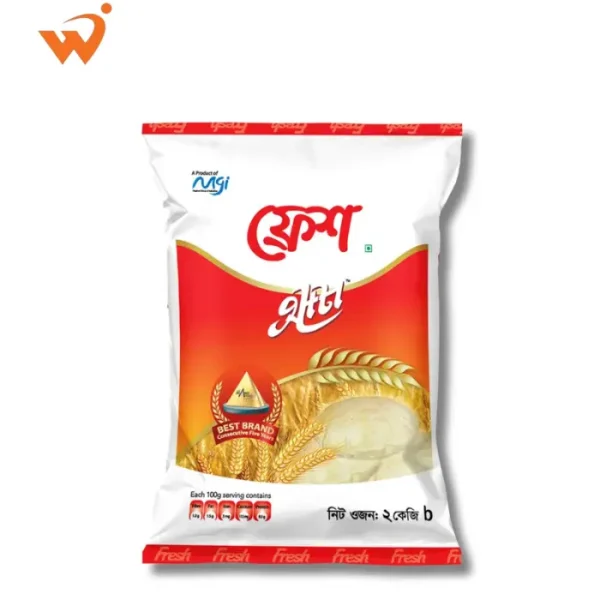 Fresh Fortified Atta 2KG orange and white paper packaging showing natural wheat grains.