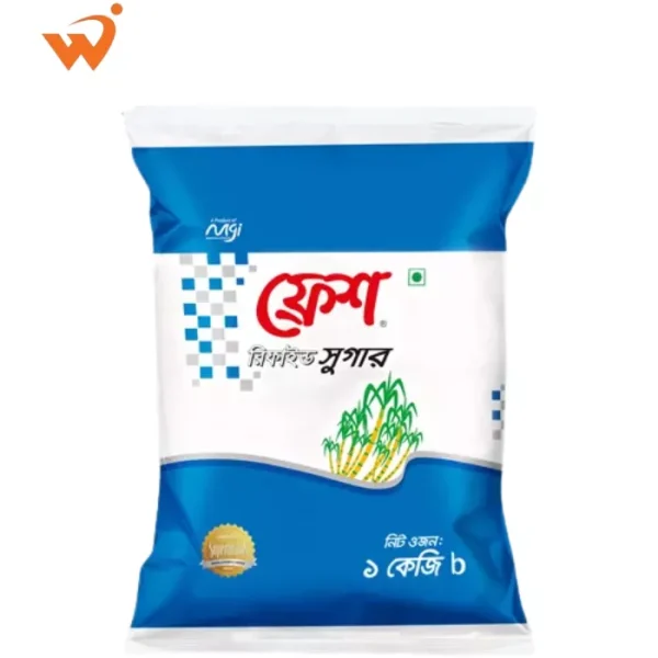 Fresh Refined Sugar 1KG packet showing sparkling white sugar crystals.