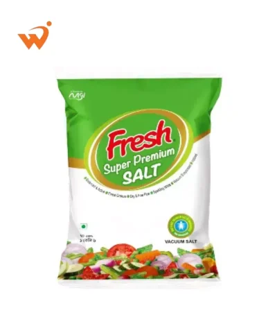 Fresh Super Premium Salt 1KG blue and white vacuum-sealed iodized salt pack.