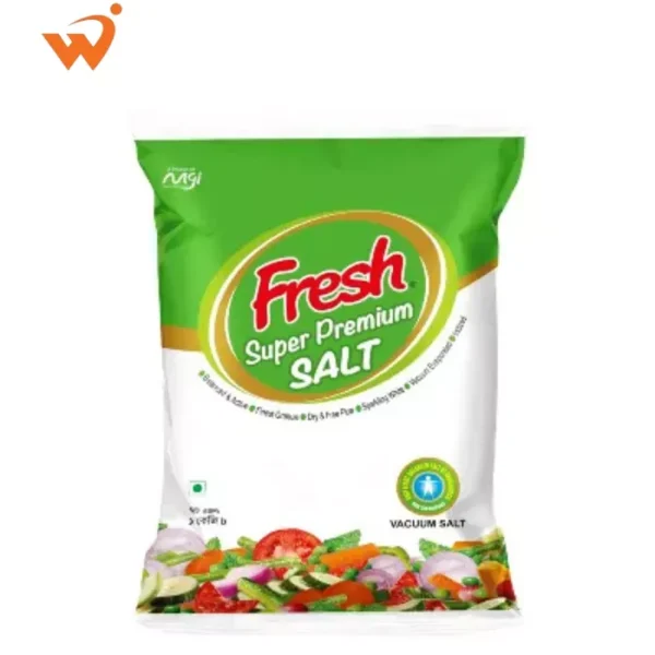 Fresh Super Premium Salt 1KG blue and white vacuum-sealed iodized salt pack.