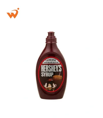 Hershey’s Chocolate Syrup 623gm iconic brown squeeze bottle featuring a delicious swirl of dark chocolate syrup over a glass of milk.