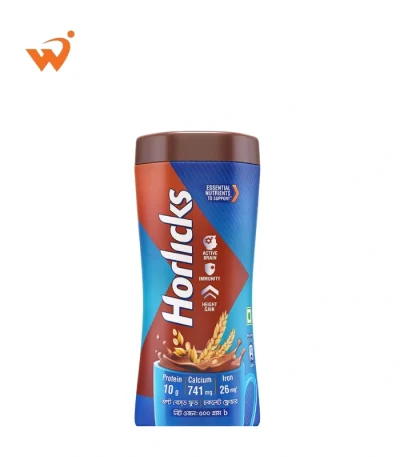 Horlicks Chocolate 500gm jar with a rich brown label showing a swirl of chocolate and a glass of creamy malted drink.